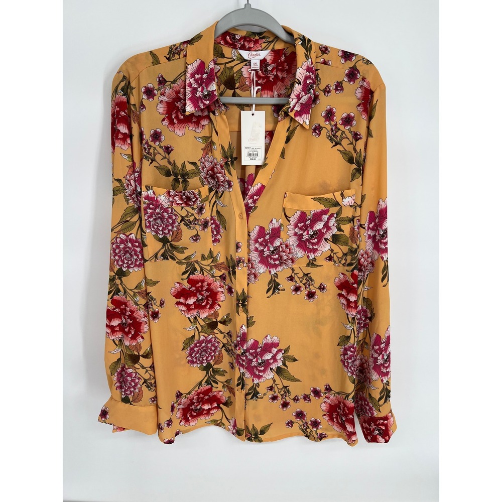 Candie's‎ Sz XXL Mustard Yellow Floral Roll Tab Long Sleeve Blouse NWT Org $38